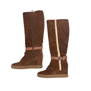 Aquatalia Brown Suede Quilted Wedge Knee High Boots Women Shearling Lined Sz 9.5